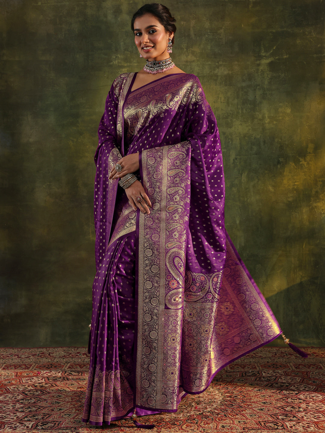 Purple Banarasi Silk Saree With Unstitched Blouse And Dupatta