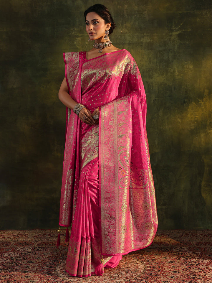 Pink Embellished Silk Saree With Unstitched Blouse And Dupatta