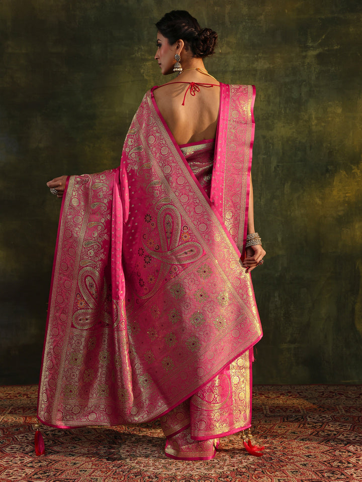 Pink Embellished Silk Saree With Unstitched Blouse And Dupatta