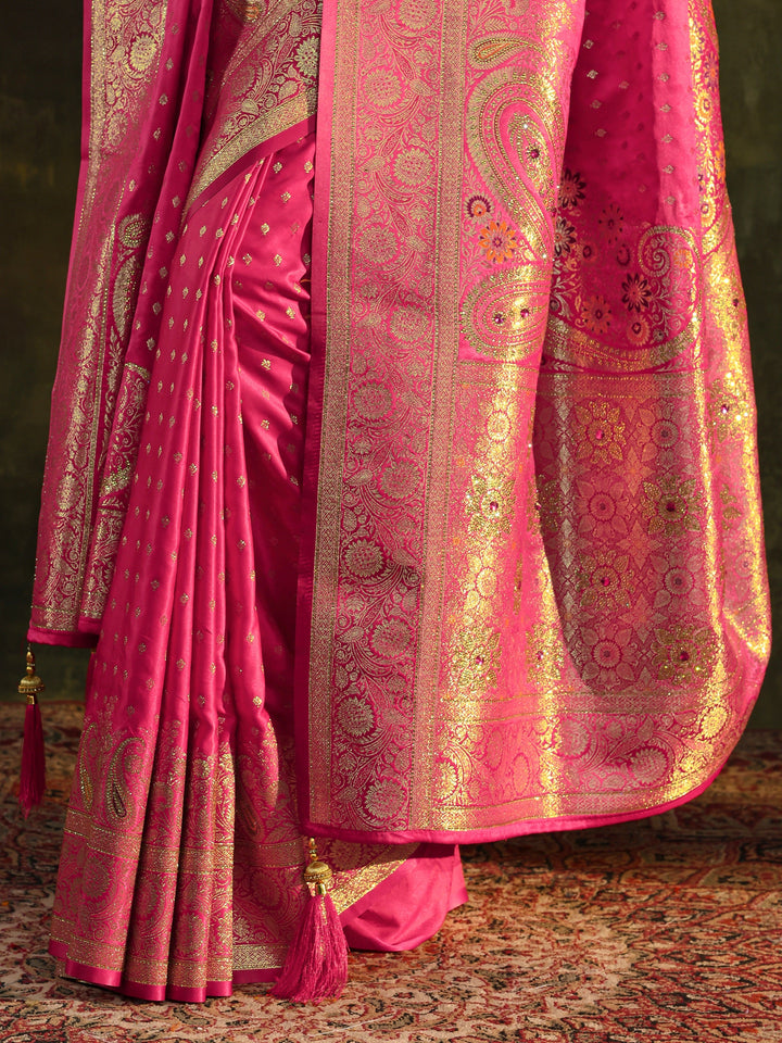 Pink Embellished Silk Saree With Unstitched Blouse And Dupatta