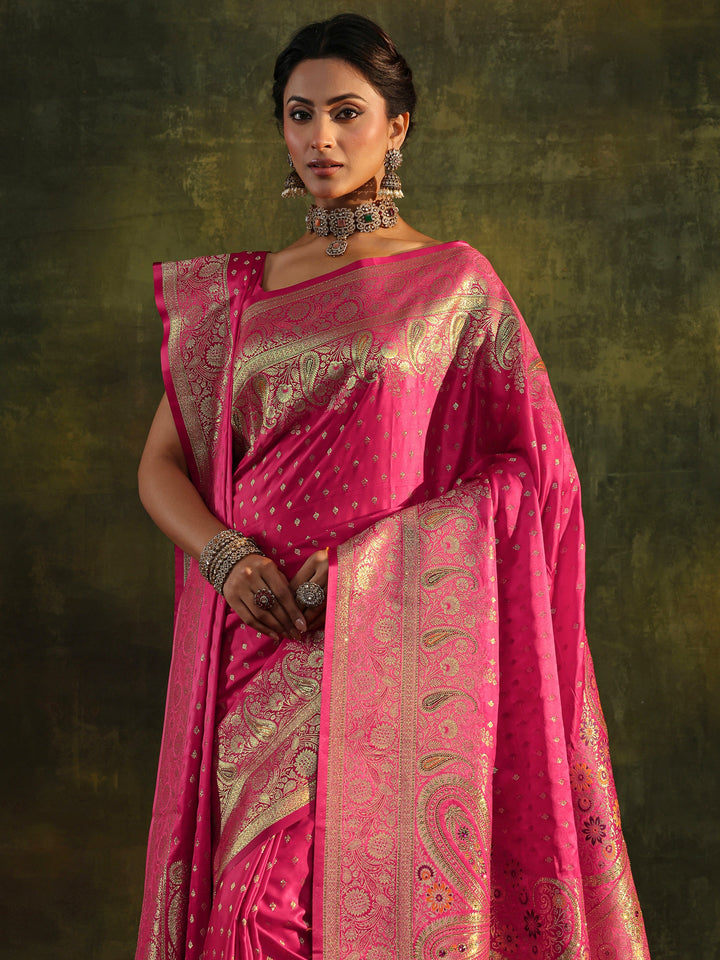 Pink Embellished Silk Saree With Unstitched Blouse And Dupatta
