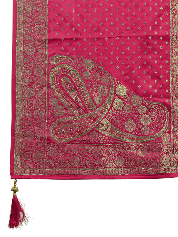 Pink Embellished Silk Saree With Unstitched Blouse And Dupatta