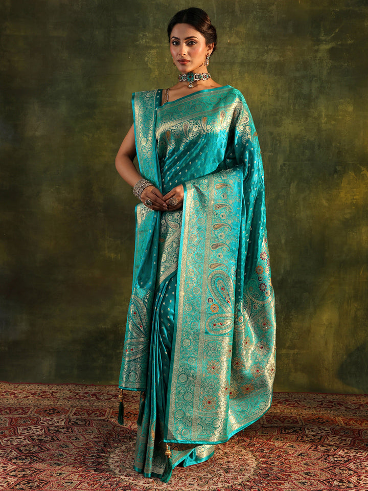 Green Embellished Silk Saree With Unstitched Blouse And Dupatta