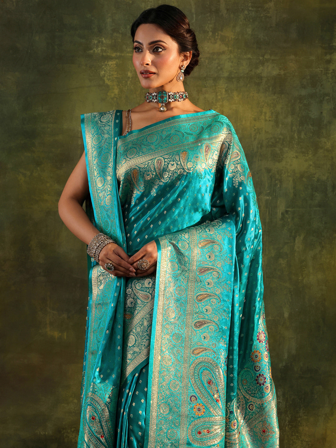 Green Embellished Silk Saree With Unstitched Blouse And Dupatta
