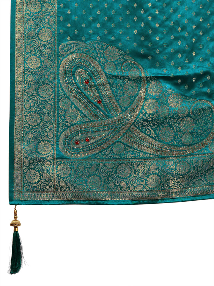 Green Embellished Silk Saree With Unstitched Blouse And Dupatta