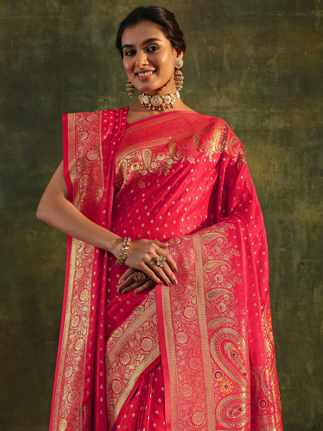 Red Banarasi Silk Saree With Unstitched Blouse And Dupatta