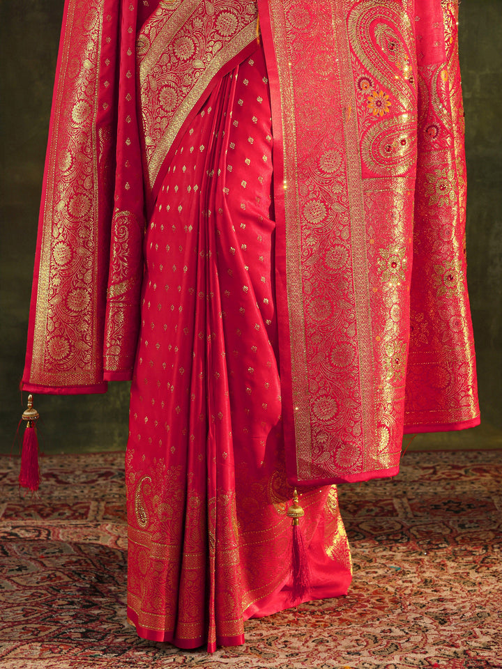 Red Banarasi Silk Saree With Unstitched Blouse And Dupatta