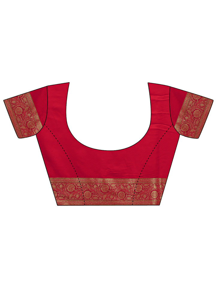 Red Banarasi Silk Saree With Unstitched Blouse And Dupatta