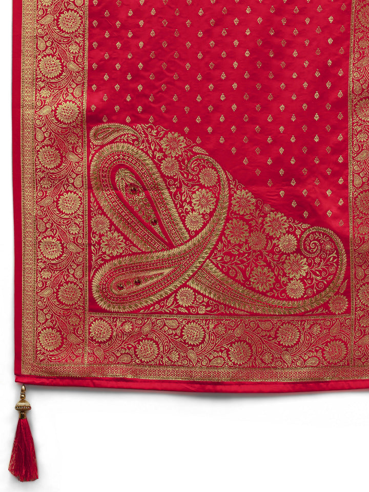 Red Banarasi Silk Saree With Unstitched Blouse And Dupatta