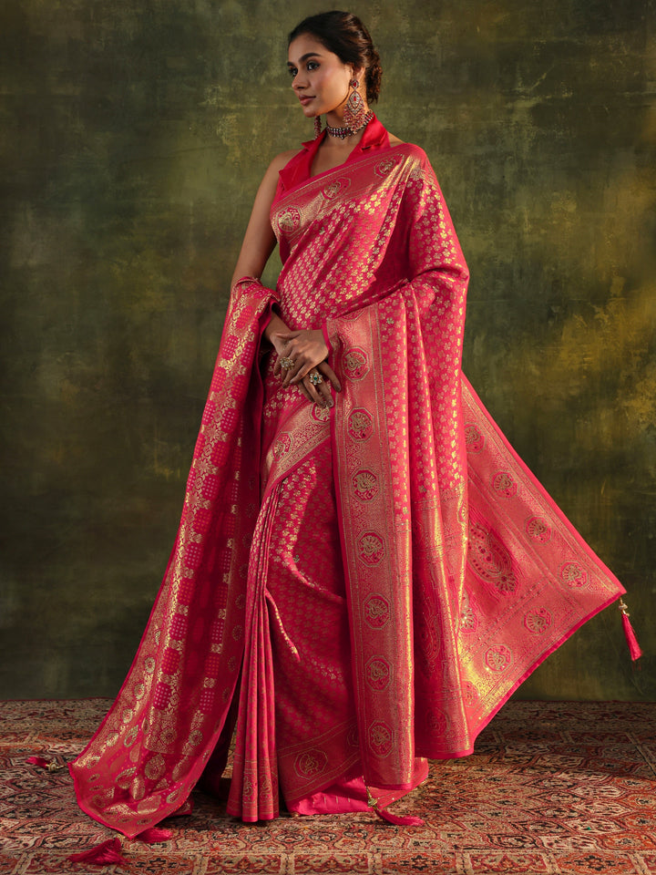 Pink Banarasi Silk Saree With Unstitched Blouse And Dupatta