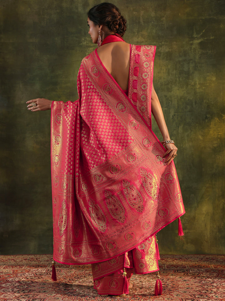 Pink Banarasi Silk Saree With Unstitched Blouse And Dupatta