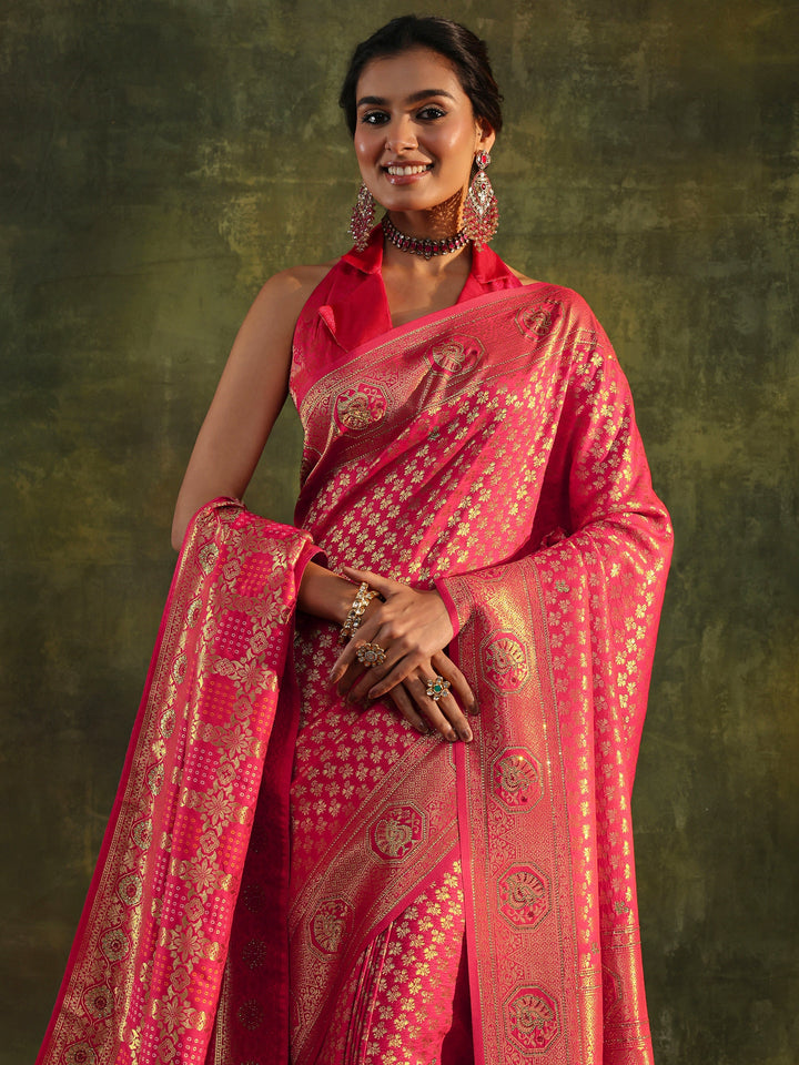 Pink Banarasi Silk Saree With Unstitched Blouse And Dupatta