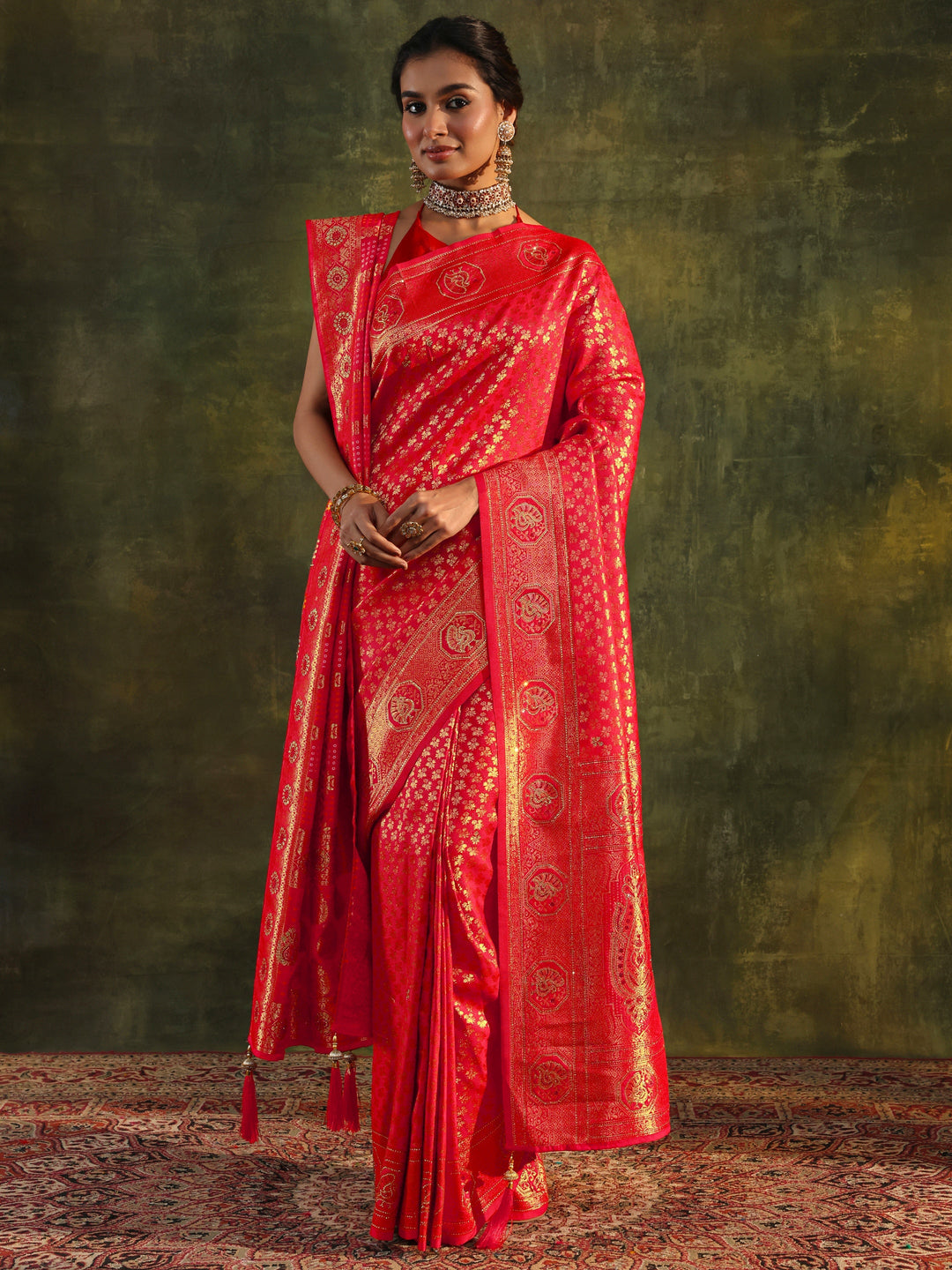 Red Banarasi Silk Saree With Unstitched Blouse And Dupatta