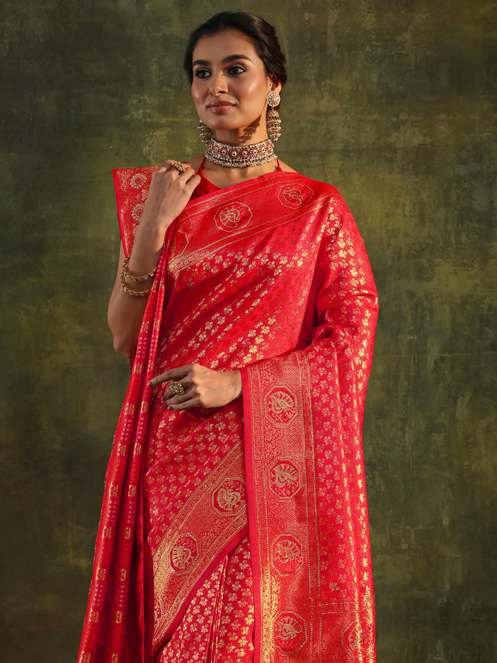Red Banarasi Silk Saree With Unstitched Blouse And Dupatta