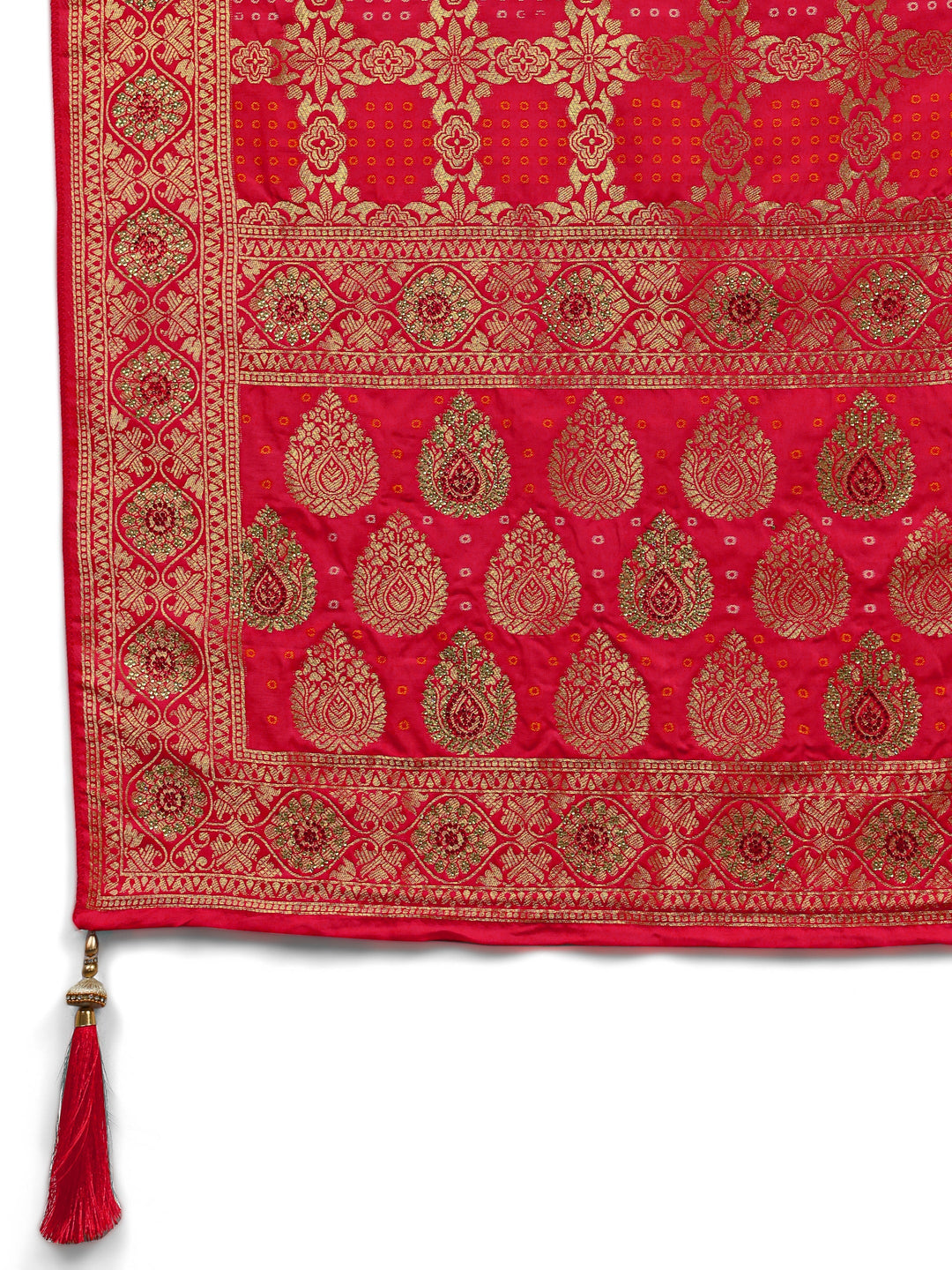 Red Banarasi Silk Saree With Unstitched Blouse And Dupatta