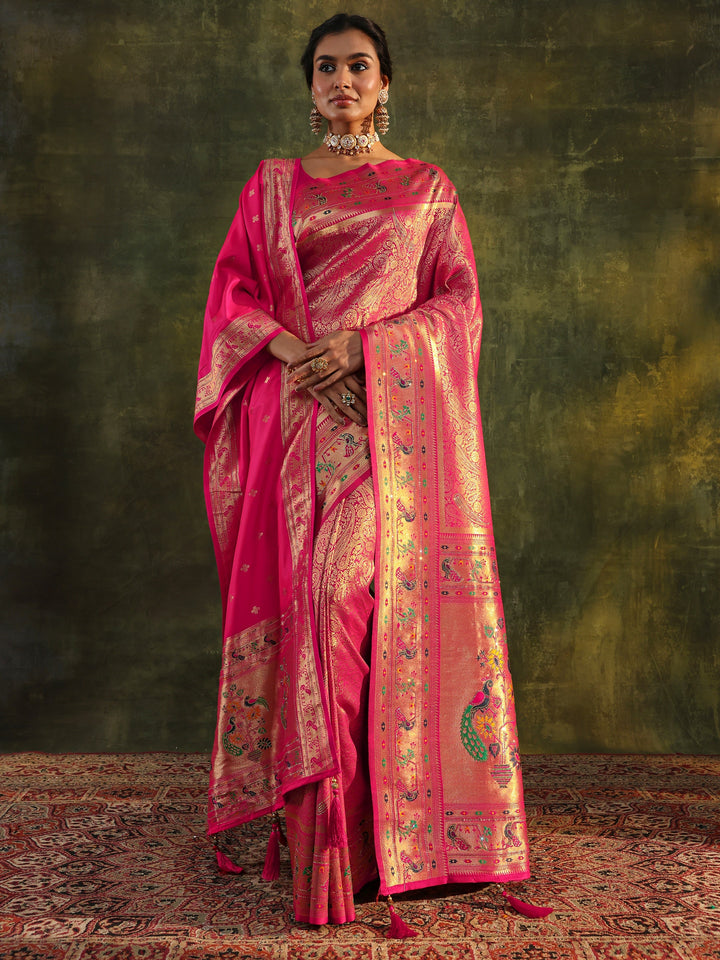 Pink Paithani Silk Saree With Unstitched Blouse And Dupatta