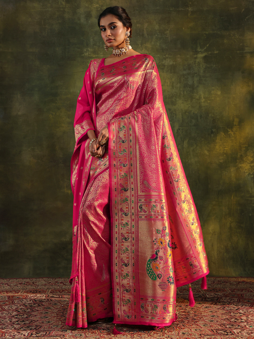 Pink Paithani Silk Saree With Unstitched Blouse And Dupatta
