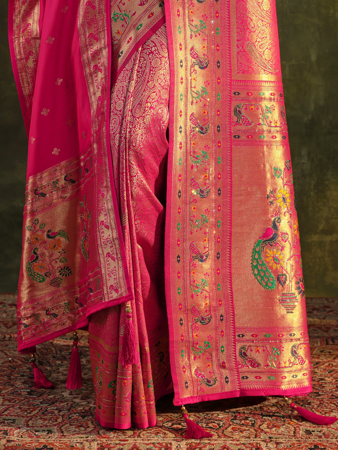 Pink Paithani Silk Saree With Unstitched Blouse And Dupatta