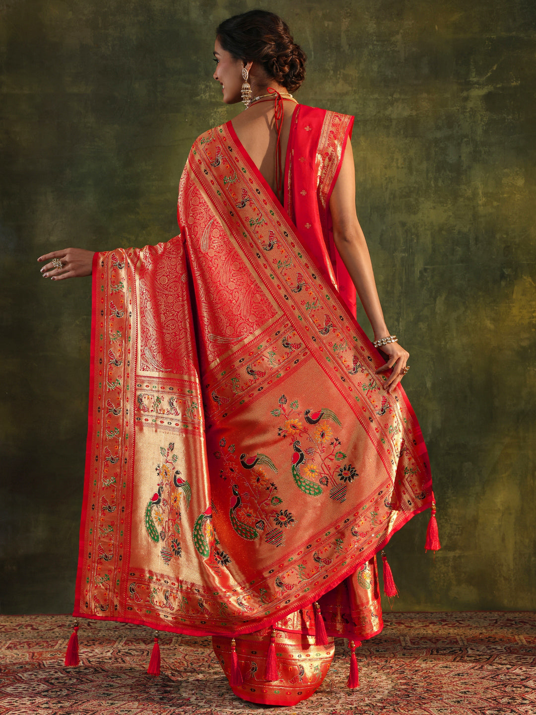 Red Paithani Silk Saree With Unstitched Blouse And Dupatta