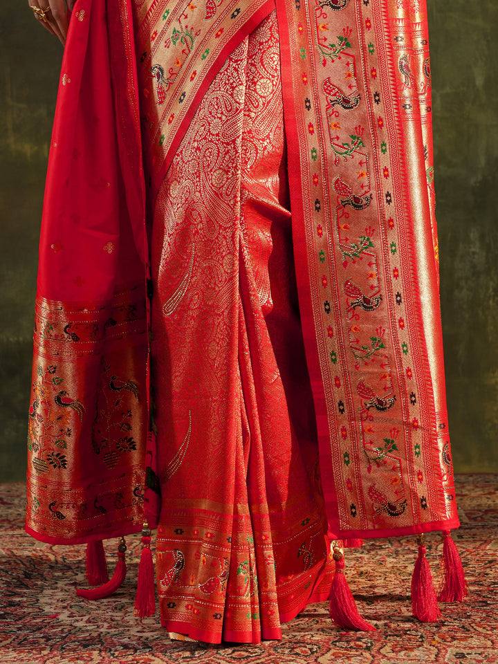 Red Paithani Silk Saree With Unstitched Blouse And Dupatta
