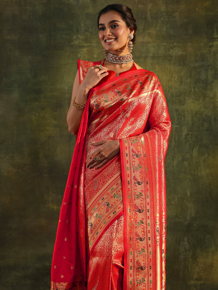 Red Paithani Silk Saree With Unstitched Blouse And Dupatta