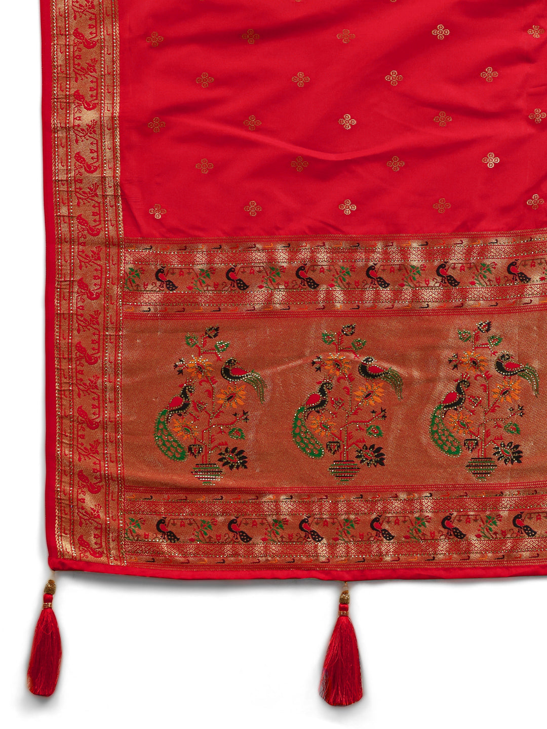 Red Paithani Silk Saree With Unstitched Blouse And Dupatta