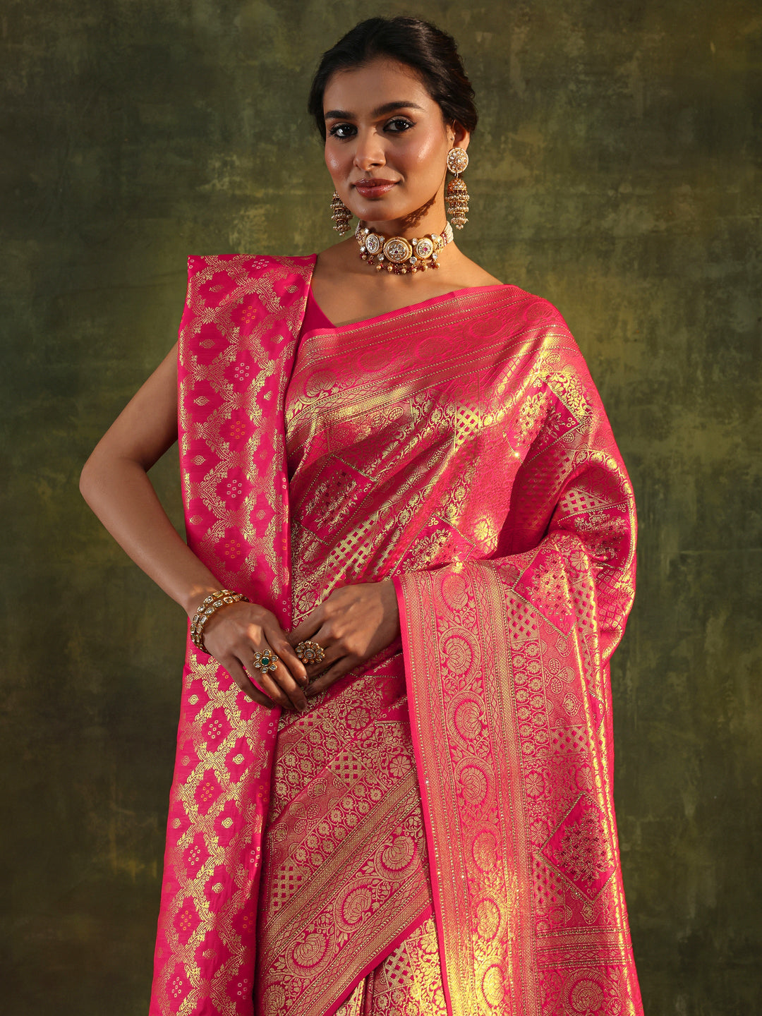 Pink Banarasi Silk Saree With Unstitched Blouse And Dupatta
