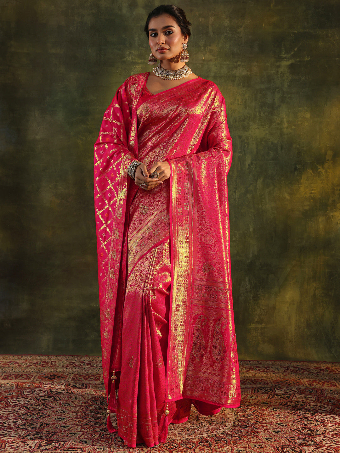 Pink Banarasi Silk Saree With Unstitched Blouse And Dupatta