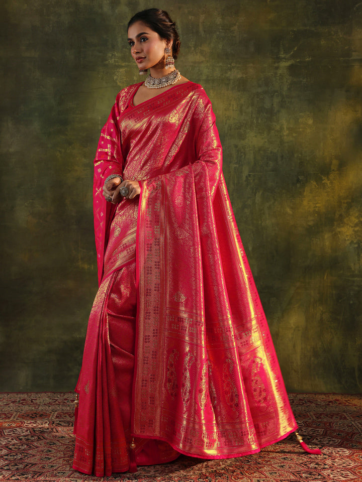 Pink Banarasi Silk Saree With Unstitched Blouse And Dupatta