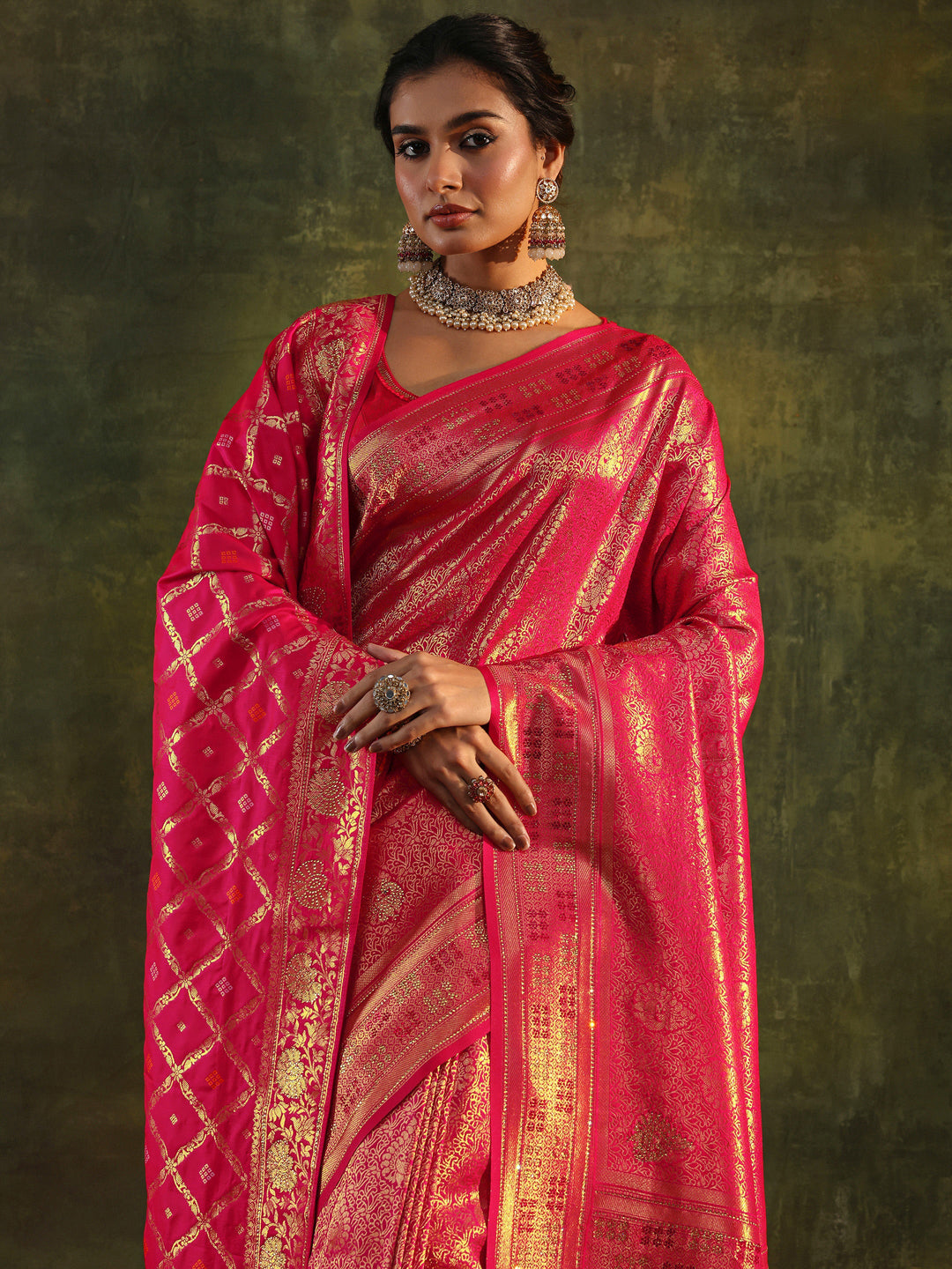 Pink Banarasi Silk Saree With Unstitched Blouse And Dupatta