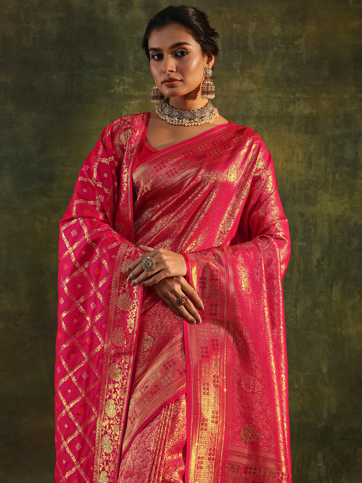 Pink Banarasi Silk Saree With Unstitched Blouse And Dupatta