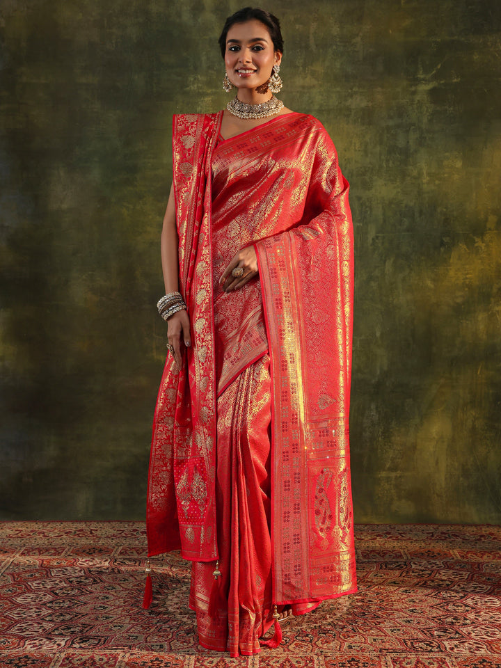 Red Banarasi Silk Saree With Unstitched Blouse And Dupatta