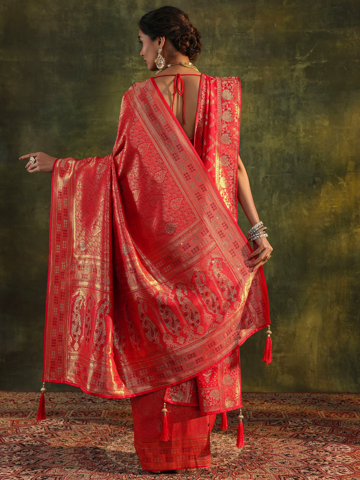 Red Banarasi Silk Saree With Unstitched Blouse And Dupatta