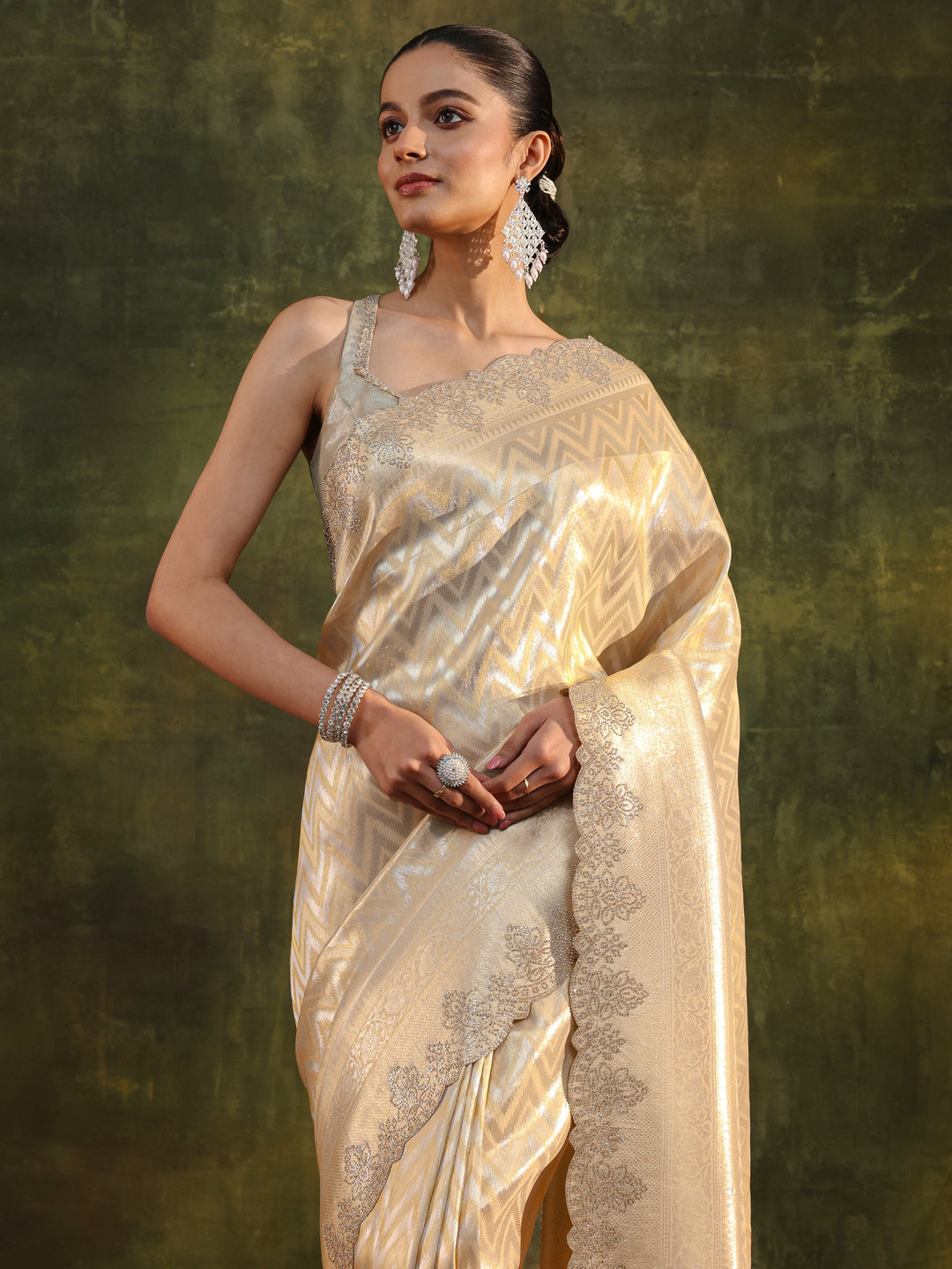 Gold Chevron Embellished Silk Saree With Unstitched Blouse Piece