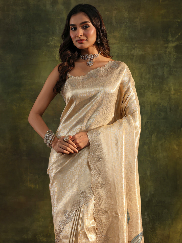 Gold Floral Embellished Silk Saree With Unstitched Blouse Piece