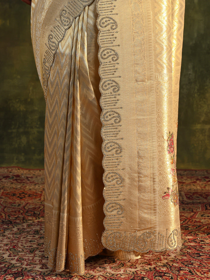 Gold Floral Embellished Silk Saree With Unstitched Blouse Piece