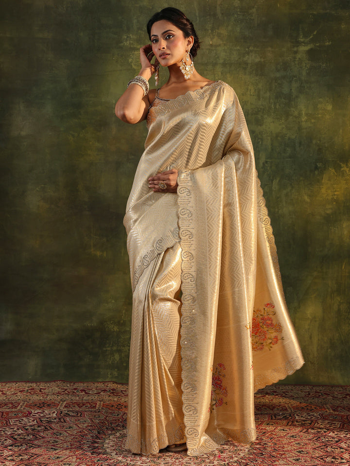 Gold Floral Embellished Silk Saree With Unstitched Blouse Piece