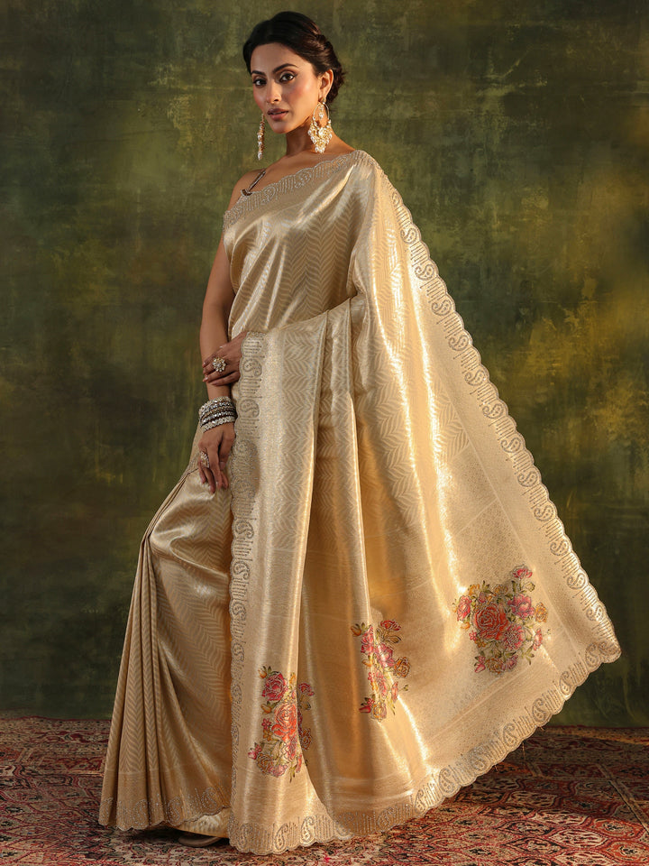 Gold Floral Embellished Silk Saree With Unstitched Blouse Piece