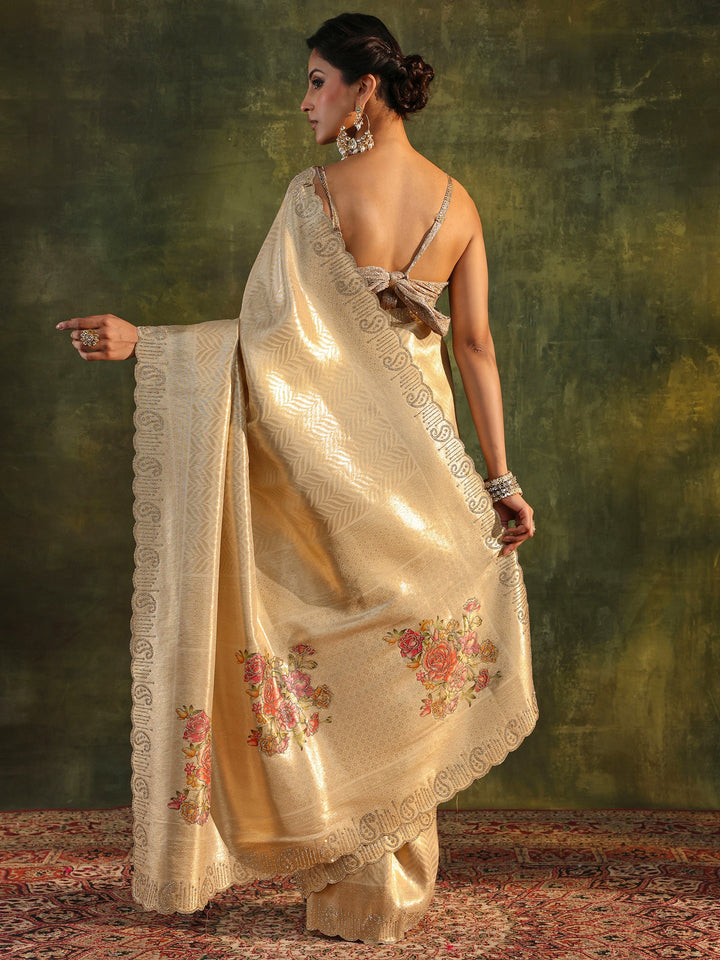 Gold Floral Embellished Silk Saree With Unstitched Blouse Piece