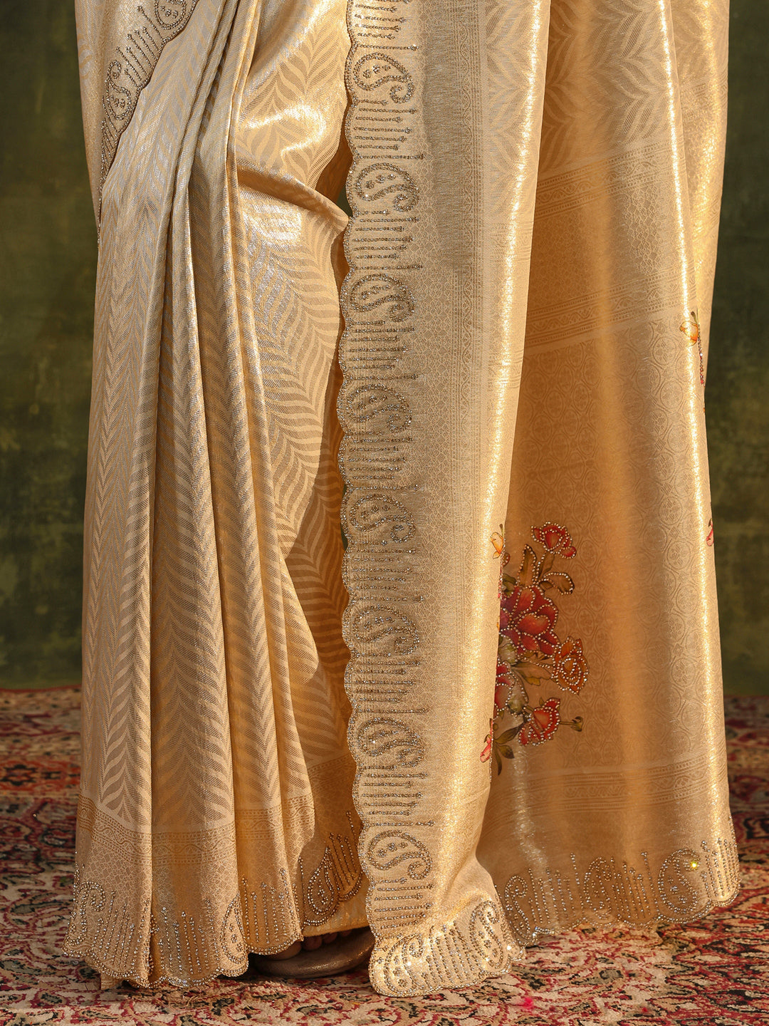 Gold Floral Embellished Silk Saree With Unstitched Blouse Piece