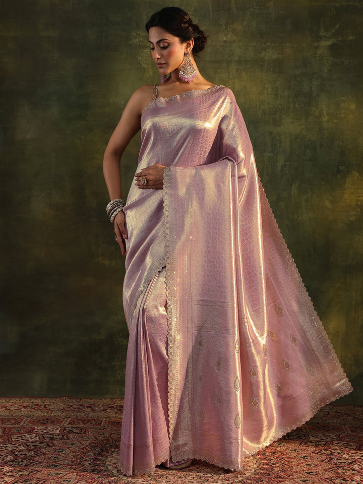 Lavender Embellished Silk Saree With Unstitched Blouse Piece