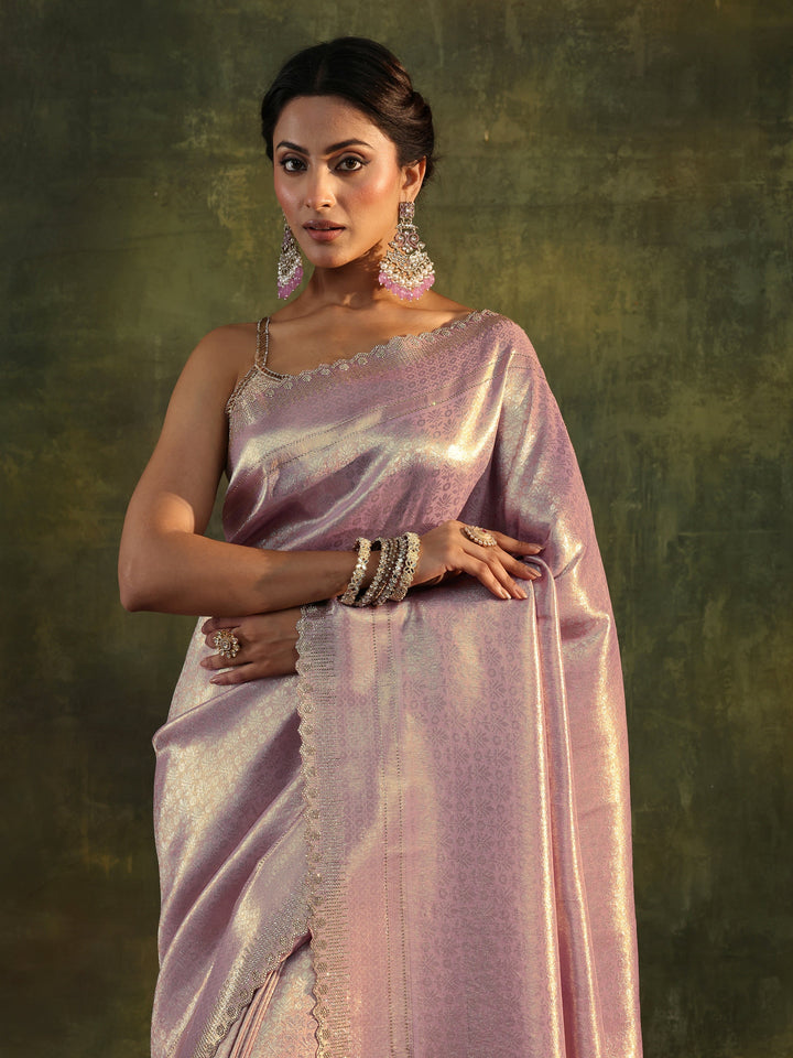 Lavender Embellished Silk Saree With Unstitched Blouse Piece