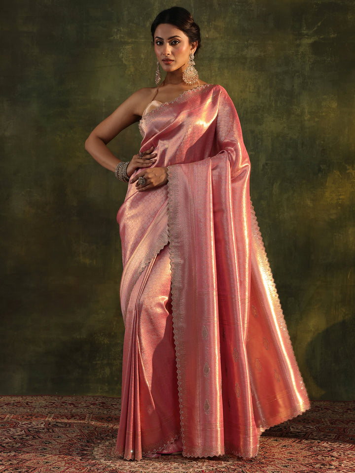 Peach Embellished Silk Saree With Unstitched Blouse Piece