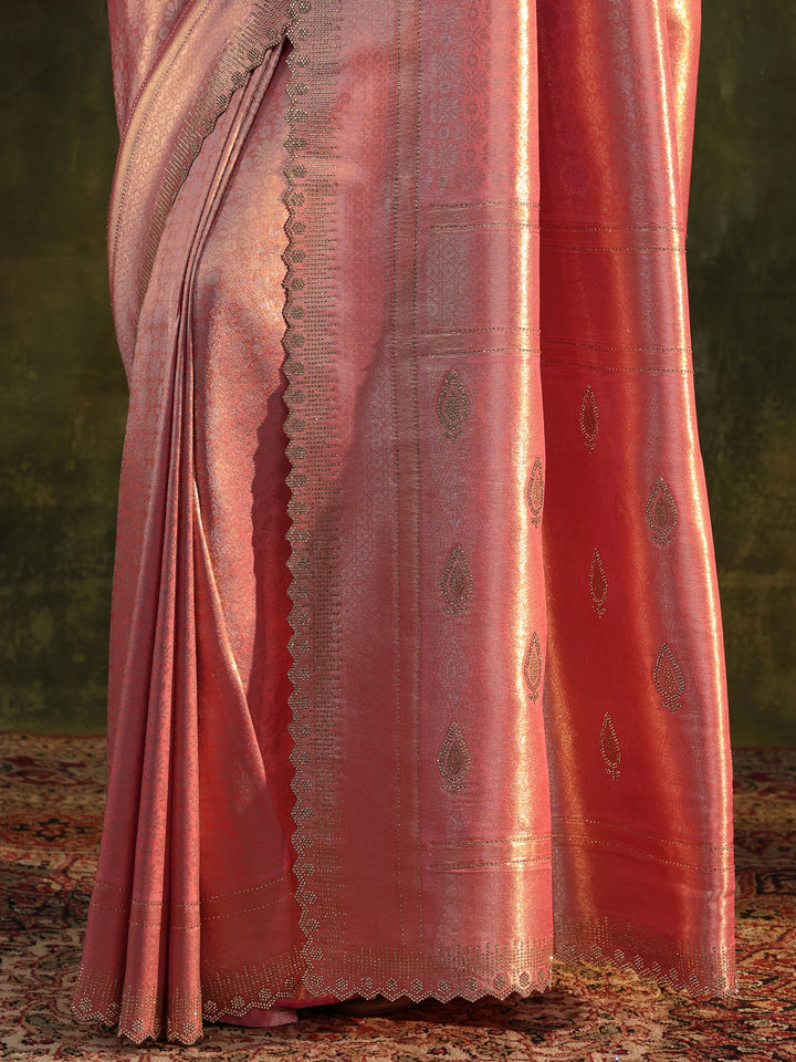 Peach Embellished Silk Saree With Unstitched Blouse Piece