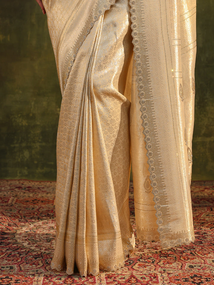 Gold Ethnic Embellished Silk Saree With Unstitched Blouse Piece