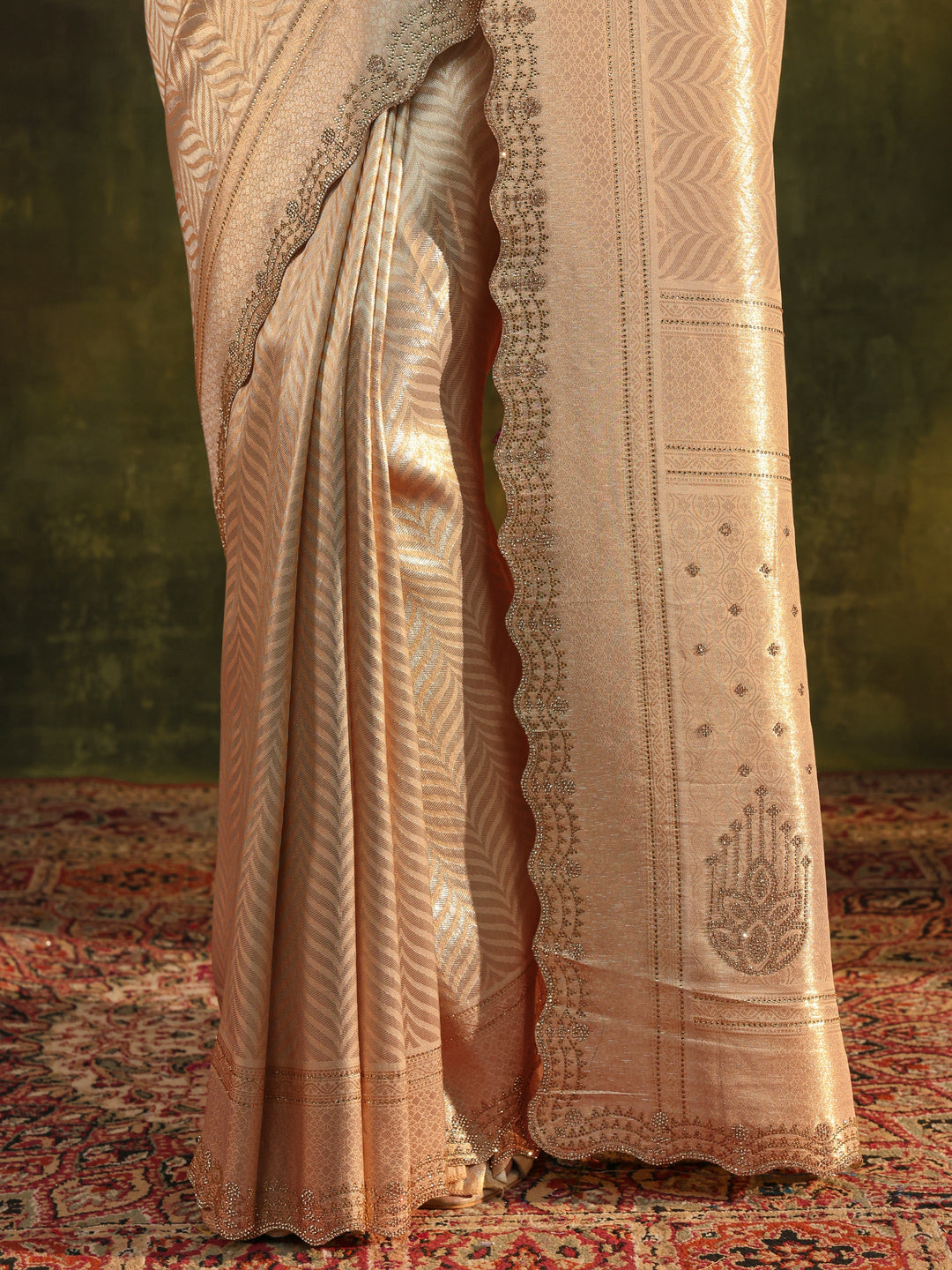 Gold Chevron Embellished Silk Saree With Unstitched Blouse Piece