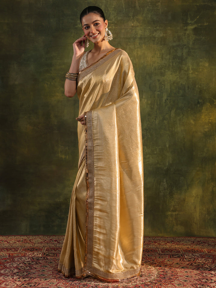 Gold Woven Design Silk Blend Saree With Unstitched Blouse Piece