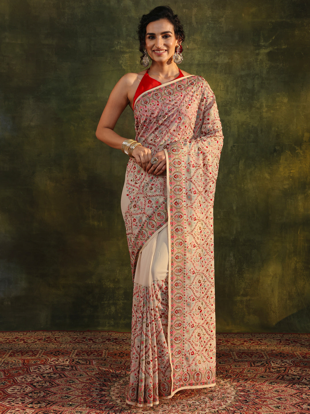 Libas Art Off White Jamawar Embroidered Georgette Saree With Unstitched Blouse Piece