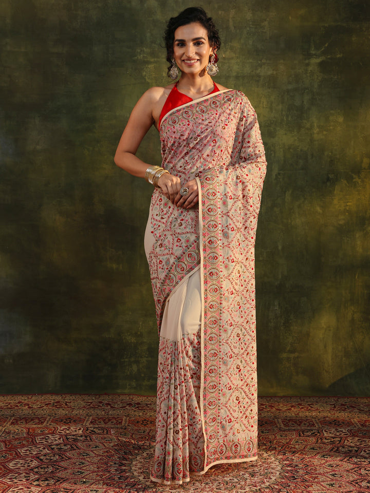 Libas Art Off White Jamawar Embroidered Georgette Saree With Unstitched Blouse Piece