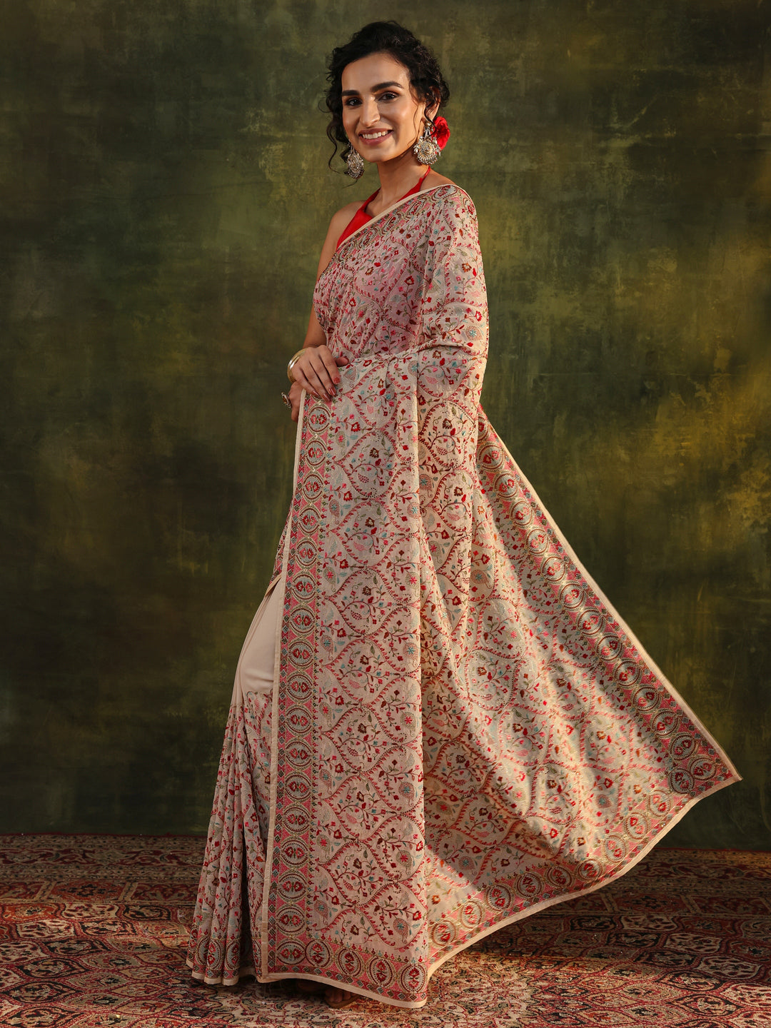Libas Art Off White Jamawar Embroidered Georgette Saree With Unstitched Blouse Piece